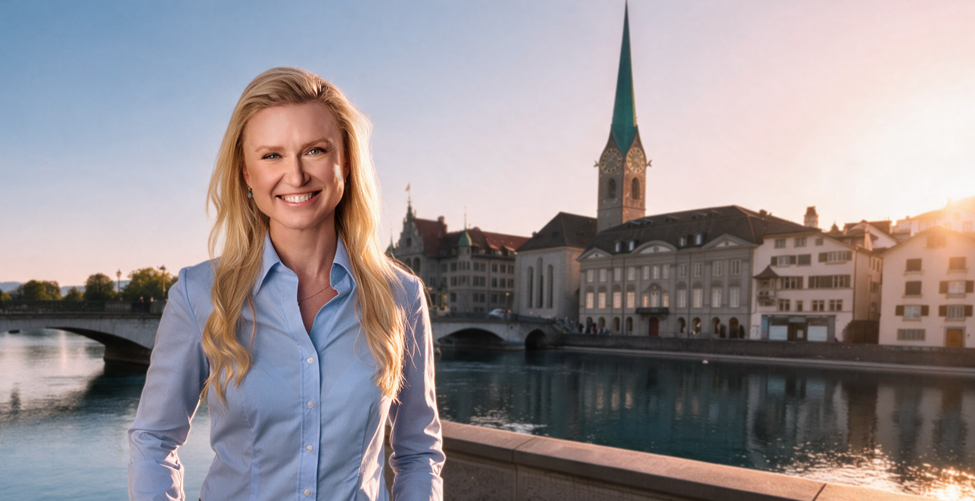 Nataly Taranova standing above Zurich with the lake and city in the background